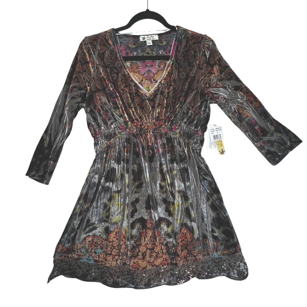 NWT Velvet Tunic Top Boho V-Neck Elastic Waist Scalloped Sequin Sparkles Med - Picture 2 of 16